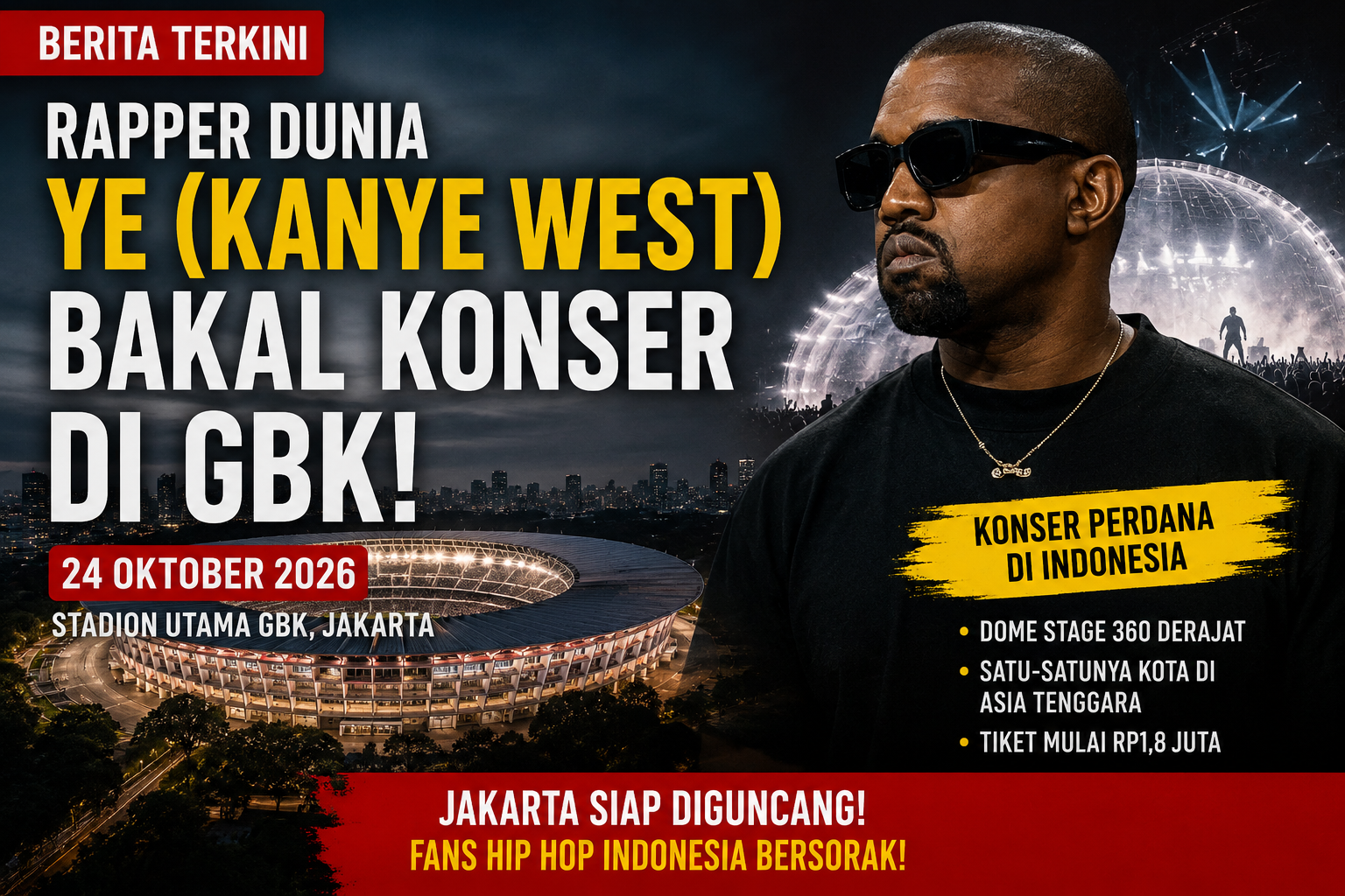 Geger! Ye Bakal Guncang GBK Oktober 2026, Panggung Dome 360 Derajat Siap Bikin Jakarta Bergemuruh