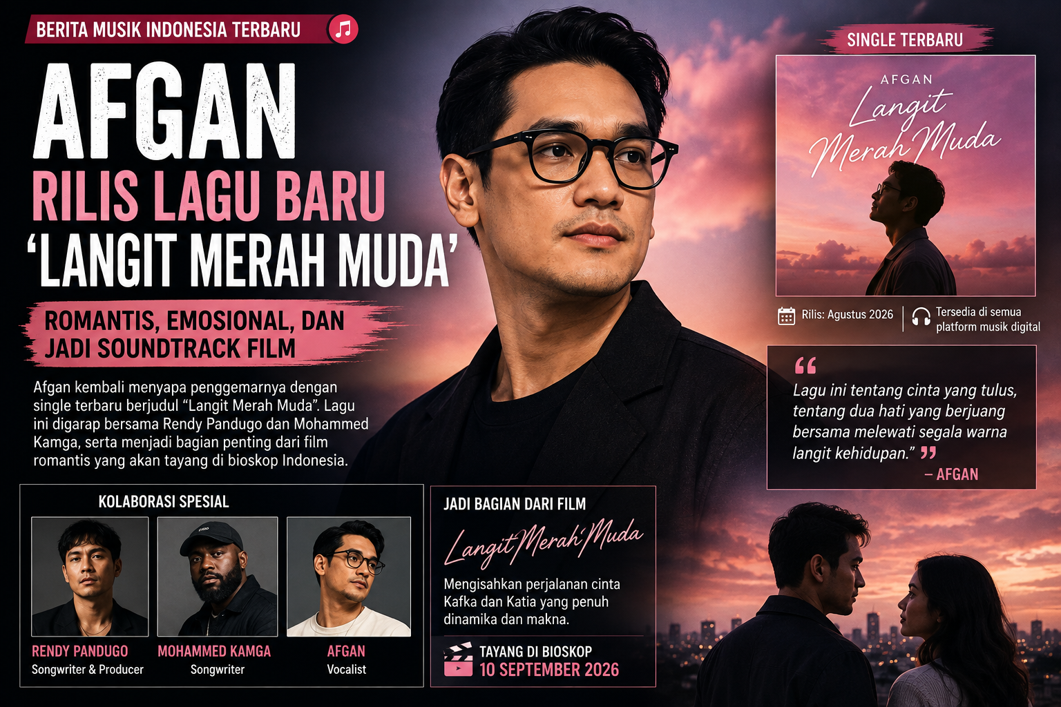 🎵 AFGAN KEMBALI! “LANGIT MERAH MUDA” JADI SOUNDTRACK ROMANSA, DIGARAP BARENG RENDY PANDUGO