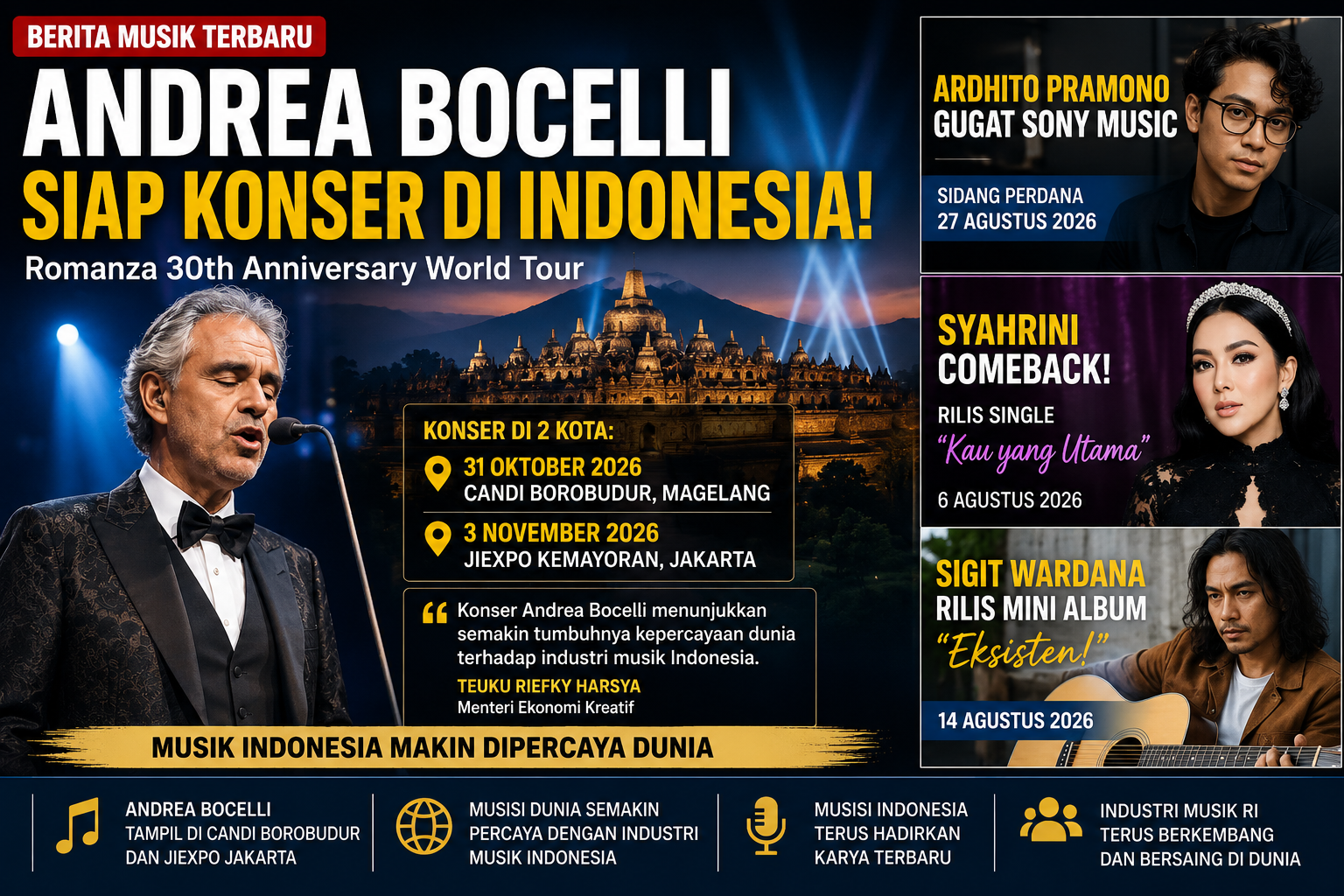 🎵 Andrea Bocelli Siap Konser di Indonesia, Industri Musik Tanah Air Dinilai Makin Dipercaya Dunia