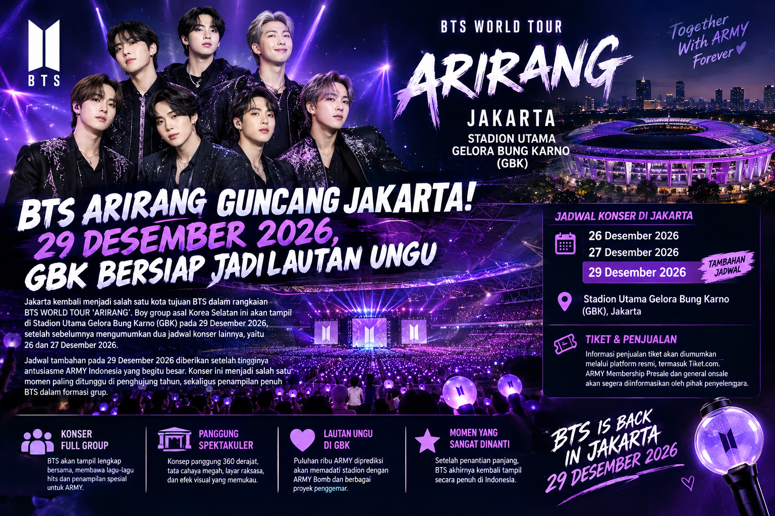 BTS ARIRANG GUNCANG JAKARTA! 29 Desember 2026, GBK Bakal Jadi Lautan Ungu ARMY